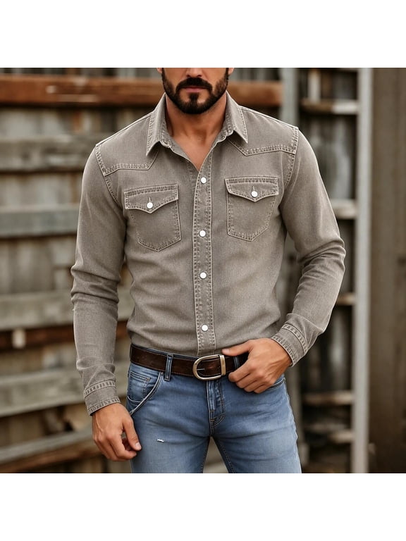 Men's Denim Shirt Western Button Down Collared Long Sleeve Snap Placket Western Yokes Chest Pockets Regular Fit Casual Solid Color Work Shirt for Fall Winter
