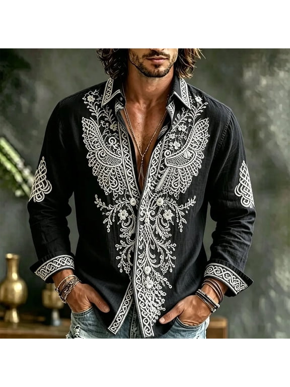 Men's Embroidered Floral Shirt Long Sleeve Button Down Boho Paisley Vintage Party Shirt for Casual Vacation