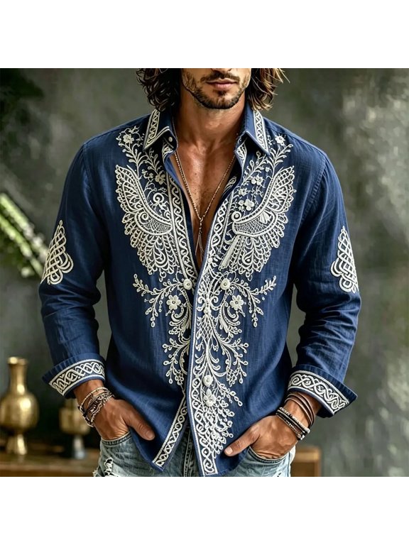 Men's Embroidered Floral Shirt Long Sleeve Button Down Boho Paisley Vintage Party Shirt for Casual Vacation