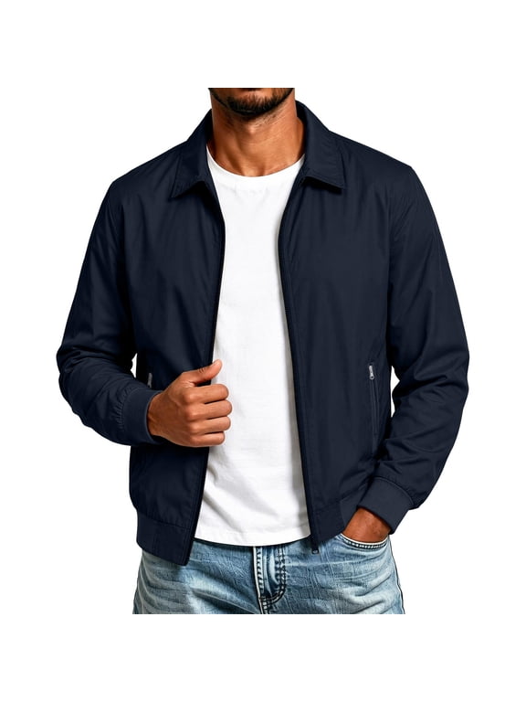 Men's Lightweight Zip Up Jacket with Pockets, Laydown Collar Nylon Windbreaker, Casual Solid Color Outerwear for Spring Fall