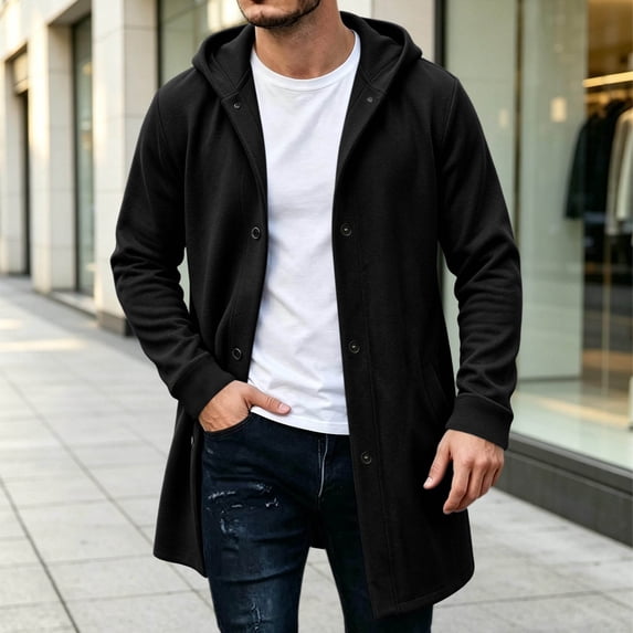 HCBY Men's Long Hooded Cardigan, Button Down Fleece Tunic Coat with Pockets, Casual Solid Color Outerwear for Fall Winter Daily Wear