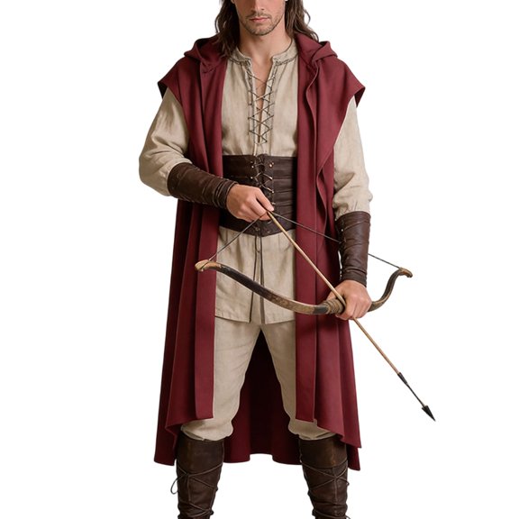 HCBY Men's Medieval Hooded Open Front Sleeveless Cloak, Solid Color Long Ranger Style for Halloween Roleplay Events, Renaissance Fairs and Fall Festival Parties