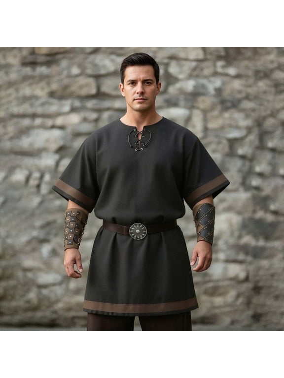 Men's Medieval Tunic Renaissance Shirt V-Neck Lace-Up Short Sleeve Cotton Costume, Loose Fit Viking Knight Pirate Top for Halloween Cosplay LARP