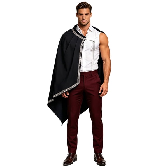 HCBY Men's Renaissance Medieval Half Shoulder Cape with Decorative Trim, Tie Closure Open Front Style for Halloween Themed Parties, Festivals and Stage Roleplay Events