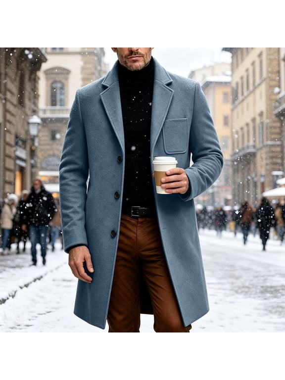 Men's Wool Blend Overcoat Notched Lapel Single Breasted Button Down Long Sleeve Mid-Length Warm Pockets Classic Business Solid Color Casual Coat for Fall Winter