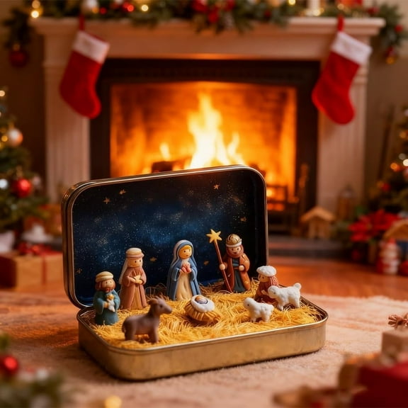 HCBY Mini Christmas Nativity Set in a Tin Box Portable Pocket Holy Family Figurines