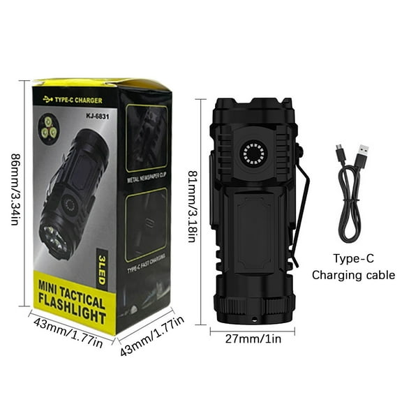 HCBY Mini Flashlights,3 LED Pocket Torch Lights,Type C Rechargeable Clip On Handheld Lamps with Multi Light Modes,Waterproof Compact Small Flashlights for Outdoor Camping Daily