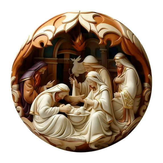 HCBY Nativity Scene Christmas Ornament - Deluxe Carved Religious Christmas Tree Pendant with Blessing Theme for Home Decor D