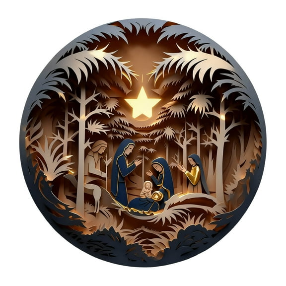 HCBY Nativity Scene Christmas Ornament - Deluxe Carved Religious Christmas Tree Pendant with Blessing Theme for Home Decor E