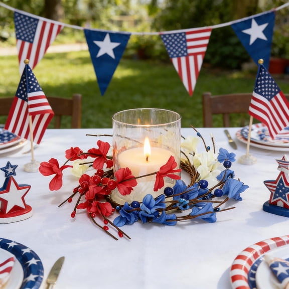 HCBY Patriotic Candle Wreath, Independence Day Centerpiece, Red White Blue Floral Candle Ring, Rustic Twig & Berry Design, 4th of July Table Decor for Holiday Celebrations