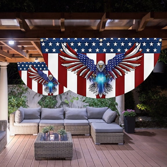 HCBY Patriotic Half‑Circle Fan Flag, American Eagle Cross Semicircle Banner, Star‑Spangled Striped cor Flag, Weatherproof Outdoor Hanging Pennant For Independence Day Garden Porch Home cor