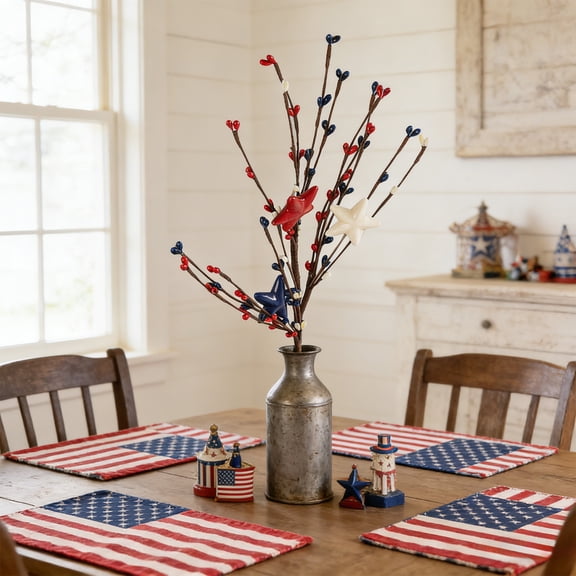 HCBY Patriotic Star Berry Artificial Spray, Red White Blue Americana Decor, Wooden Star & Berry Branch, Bendable Stem for 4th of July Display