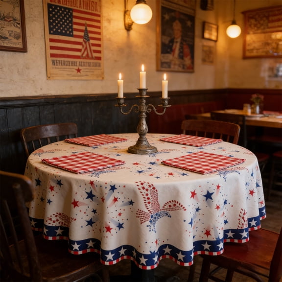 HCBY Patriotic Star Print Round Tablecloth, USA Flag Color Wrinkle Resistant Polyester Table Cover, Red White Blue Stain Proof 59 Inch Circular Table Topper, 4th July Memorial Day Kitchen