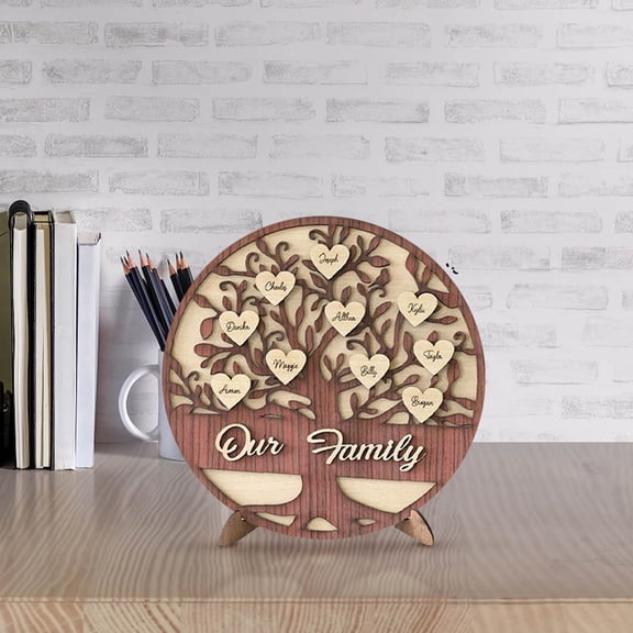 HCBY Personalized Family Tree Wooden Sign - Custom Heart Shape Home Decor with Names, Customizable Family Gift for Mom, Dad, Grandparents, Wedding, Desktop Display (Brown,11.8"x11.8")