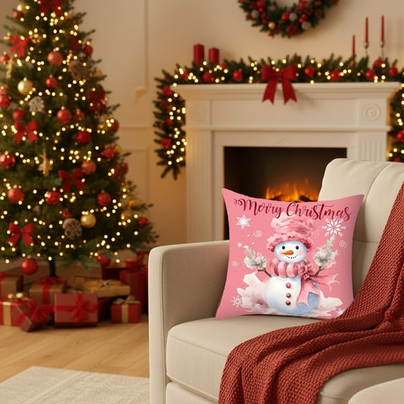 HCBY Pink Christmas Throw Pillow Covers Kawaii Xmas Snowman Decorative Pillowcase Snowflake Cushion Covers for Sofa Couch Bed Cushion Case Home Decor Gift idea 17.7"