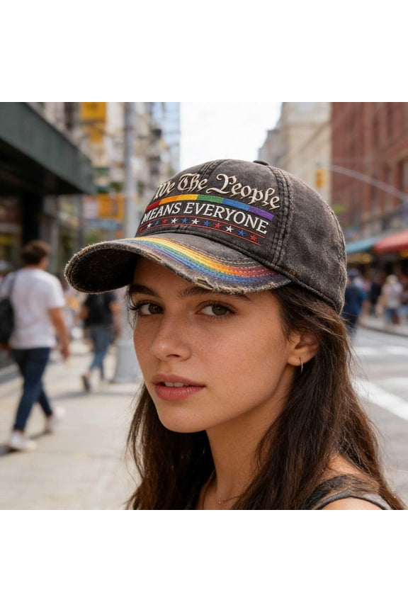 Pride Hat, We The People Means Everyone Baseball Cap, Rainbow Flag Embroidered Distressed Cap, LGBTQ Pride Month Parade Hat
