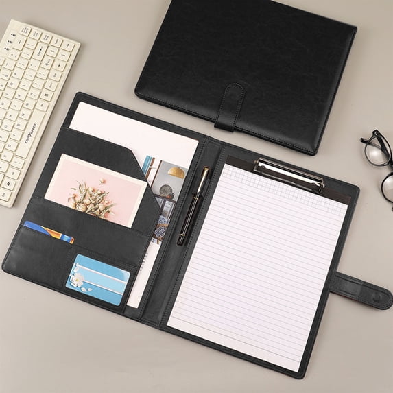 HCBY Professional A4 Leather Portfolio Folder, Business Document Organizer with Multiple Pockets & Card Slots, Magnetic Closure Water-Resistant Contract Signing Book for Office (Black,12.6"x9.6")
