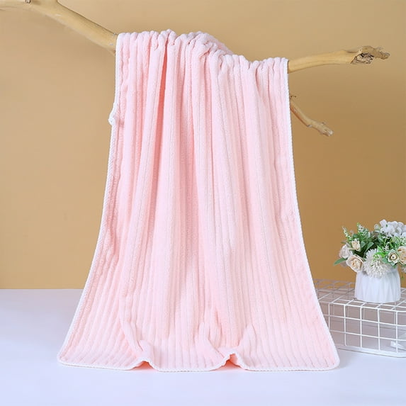 HCBY Quick Dry Coral Fleece Towel, Large Striped Absorbent Towel for Face, Hair, Bath(Pink,23.6x11.8inch)