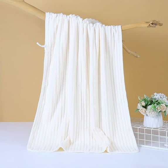 HCBY Quick Dry Coral Fleece Towel, Large Striped Absorbent Towel for Face, Hair, Bath(White,23.6x11.8inch)