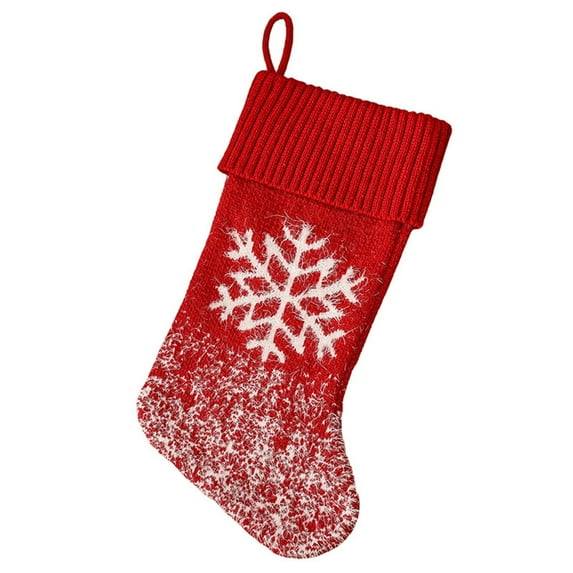 HCBY Red Knit Christmas Stocking with White Embroidery Tree House Snowflake Reindeer Designs 18.1 Inches Holiday Sock for Fireplace Xmas Decor Gift Bag