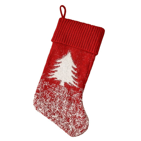 HCBY Red Knit Christmas Stocking with White Embroidery Tree House Snowflake Reindeer Designs 18.1 Inches Holiday Sock for Fireplace Xmas Decor Gift Bag