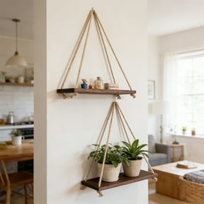 HCBY Rustic Wood Hanging Shelf, Jute Rope Wall Mounted Floating Shelf, Boho Wall Decor Storage Rack for s & Home