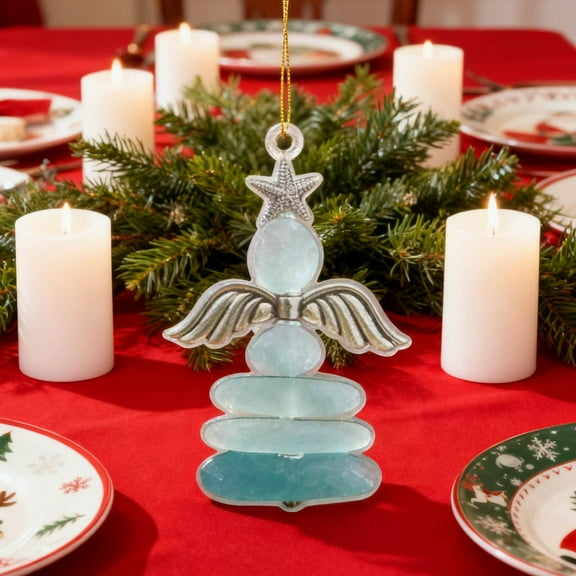 HCBY Sea Glass Christmas Tree, Handmade Sea Glass Christmas Tree Hanging Decorations with Snowman, Gnome & Stocking Shaped Seaglass Decor(D,3.1")