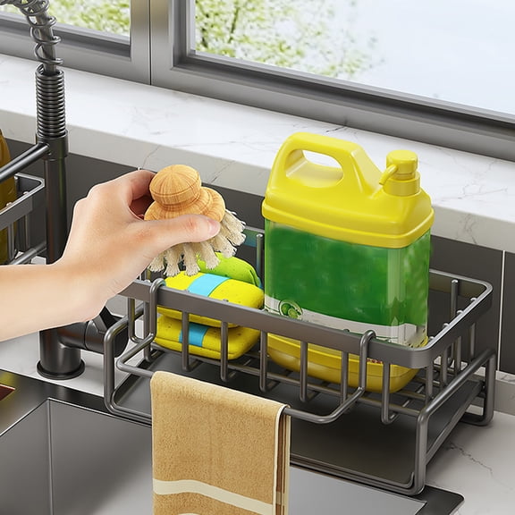 HCBY Self-Draining Sponge Holder for Kitchen Sink, No Manual Emptying Required, 304 Stainless Steel Organizer Caddy with Inclined Tray, Holds Brushes & Soap (Gray,9.05"x3.93"x3.54")