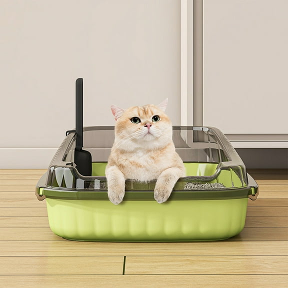 HCBY Semi-Enclosed High-Sided Cat Litter Box in Green, Spacious Design with Leak-Proof Mat & Scoop, Anti-Slide Base for Kittens & Large Cats(Green,18.9x12.6x5.51in)