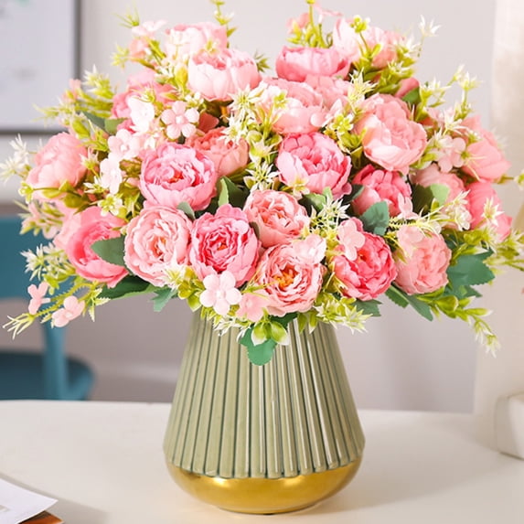 HCBY Silk Peony & Hydrangea Bouquet, Realistic Artificial Wedding Bridal Bouquet or Home Decor Centerpiece, 5-Branch Faux Flower Arrangement (Pink,7")