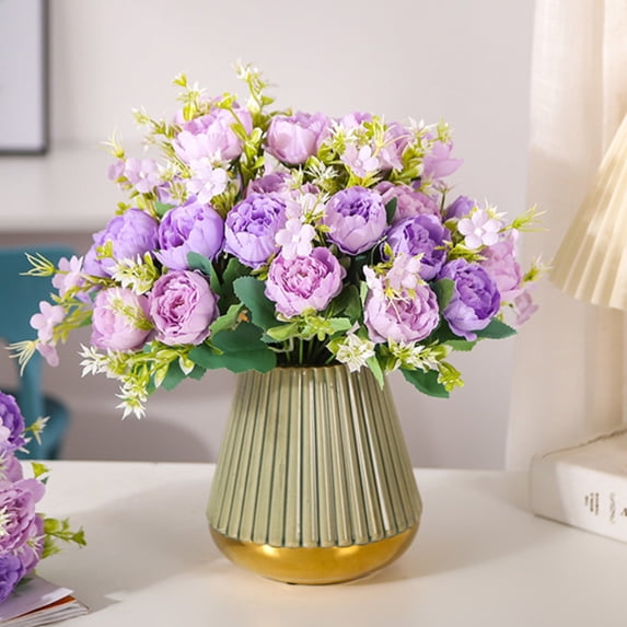 HCBY Silk Peony & Hydrangea Bouquet, Realistic Artificial Wedding Bridal Bouquet or Home Decor Centerpiece, 5-Branch Faux Flower Arrangement (Purple,7")