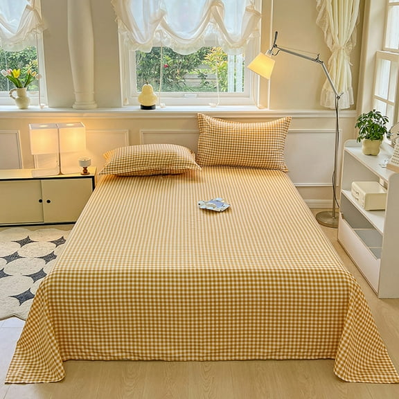 HCBY Soft Small Checkered Flat Sheet, 90"x86" - Polyester with Washed Cotton Feel, Lightweight, Wrinkle-Free for Home, Dorm or Airbnb, Camel Tan