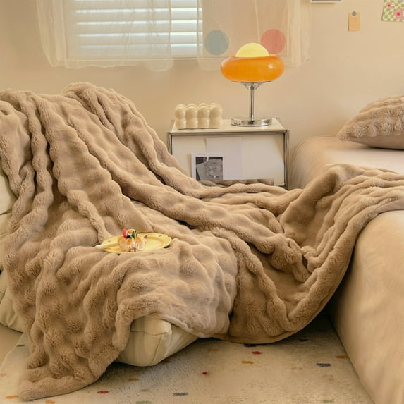 HCBY Solid Color Plush Fleece Throw Blanket, Extra Soft & Warm Cozy Blanket for Couch, Striped Design Decorative All Season Blanket for Sofa Bed Travel, Lightweight Gift Idea (Khaki,59"x39")