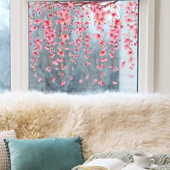 HCBY Spring Peach Blossom Window Sticker, Painted Flower Branch Decal for Glass Doors, Self Adhesive Wall Art for Living Room Bedroom, Removable Home Beautification Decor 
