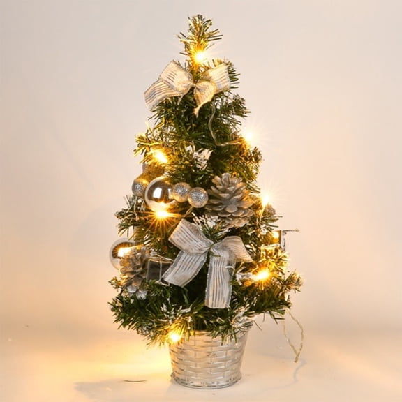 HCBY Tabletop Christmas Tree, 7.8'' Plastic Mini Xmas Tree with Light Strip, Retractable Artificial Xmas Tree with Balls, Bows, and Artificial Pines Cones Silver