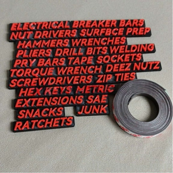 HCBY Tool Box Organization Magnetic Labels, Perfect for DIY, Art Projects, whiteboards & Fridge Organizatio, (1 set (23Pcs label)+ magnetic tape) Red