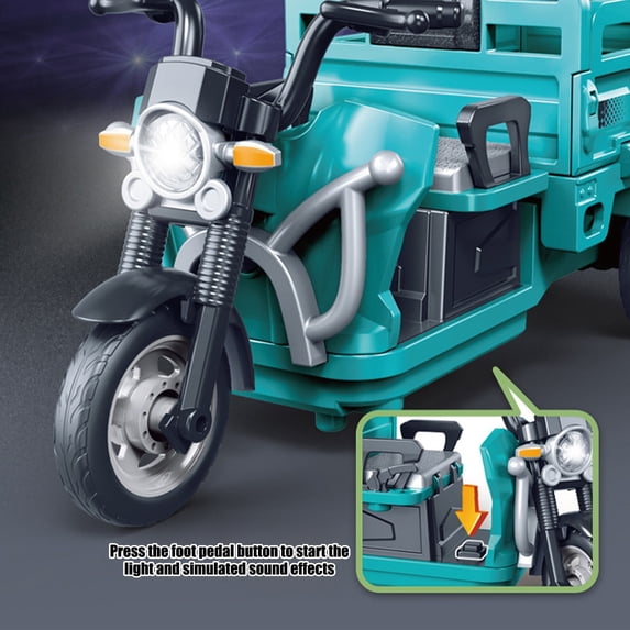 HCBY Tricycle Toy Dump Truck with Sound and Light, Multi-Functional Inertia Push Car for Kids, No Battery Needed with Detachable Flaps & LED Headlights, Construction Vehicle Toy (Sky Blue)