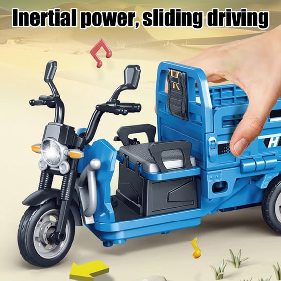 HCBY Tricycle Toy Dump Truck with Sound and Light, Multi-Functional Inertia Push Car for Kids, No Battery Needed with Detachable Flaps & LED Headlights, Construction Vehicle Toy (Blue,7.5"x3.6"x2.7")