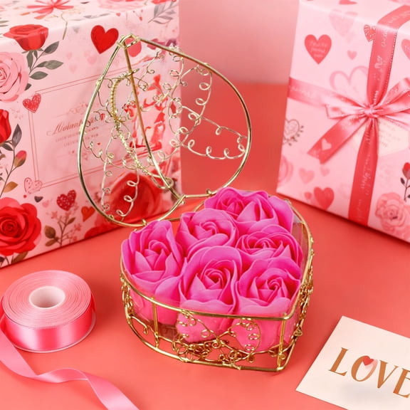 HCBY Valentine‘s Day Rose Soap Flower Set for Bathroom, 6 Usable Roses in Iron Basket, Romantic Decor & Functional Gift for Hand Washing(Hot Pink,4.13"x4.13"x2.76")