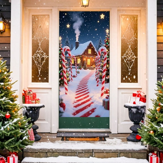 HCBY Whimsical Candy Cane Cottage Snow Pathway Door Curtain - Vibrant HD Printed Christmas Background Panel