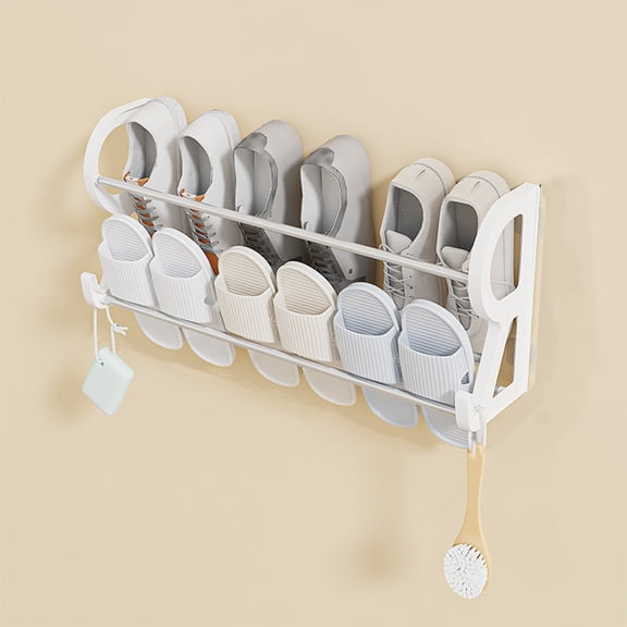 HCBY White 21.6" Wall-Mounted Shoe Rack, No-Drill Slipper & Towel Holder, Stainless Steel Bathroom Organizer