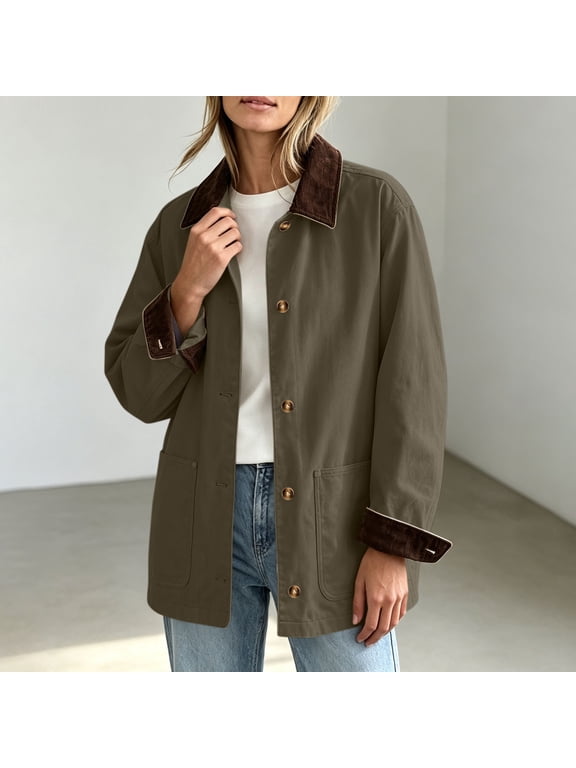 Women Corduroy Collar Jacket Button Front Mid Length Barn Coat Utility Workwear with Pockets for Fall Winter