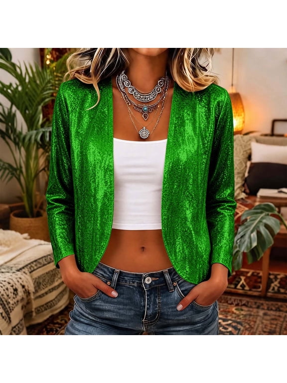 Women Sequin Cardigan Open Front Long Sleeve Cropped Glitter Sparkly Bolero Shrug Party Jacket for Evening