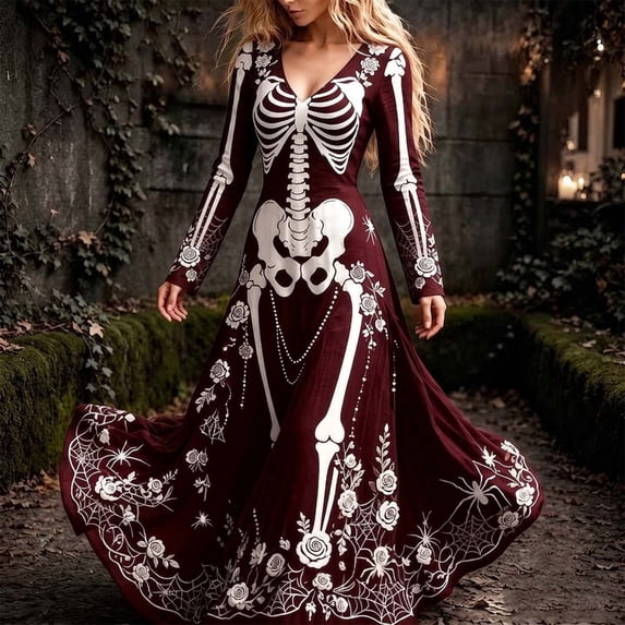 HCBY Women Skeleton Dress Halloween V Neck Long Sleeve Skull Print Gothic Swing Maxi Dress for Party