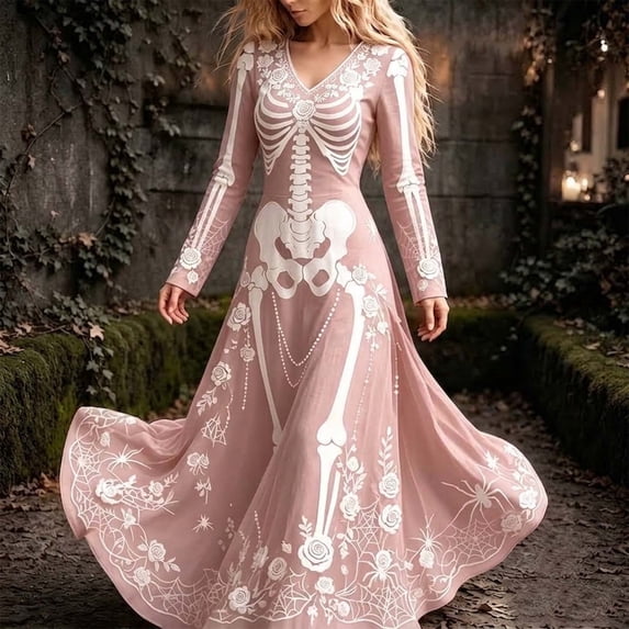 HCBY Women Skeleton Dress Halloween V Neck Long Sleeve Skull Print Gothic Swing Maxi Dress for Party