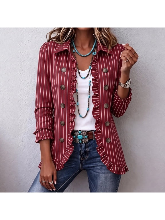 Women Striped Jacket Ruffle Trim Button Front Open Cardigan Pinstripe Blazer 3/4 Sleeve Casual Coat Top 8 Colors with Pockets
