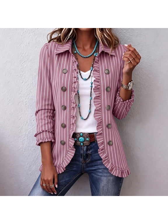 Women Striped Jacket Ruffle Trim Button Front Open Cardigan Pinstripe Blazer 3/4 Sleeve Casual Coat with Pockets