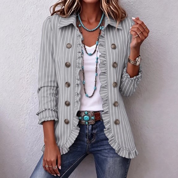HCBY Women Striped Jacket Ruffle Trim Button Front Open Cardigan Pinstripe Blazer 3/4 Sleeve Casual Coat with Pockets