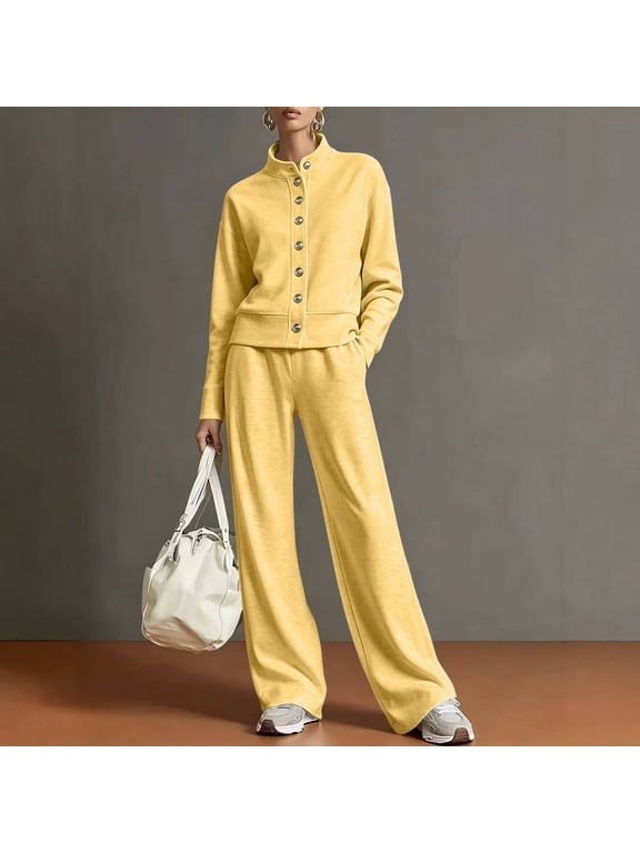 Women's 2 Piece Lounge Set Button Down Cardigan Wide Leg Pants Knit Sweater Matching Outfit Comfy Fall Airport Travel