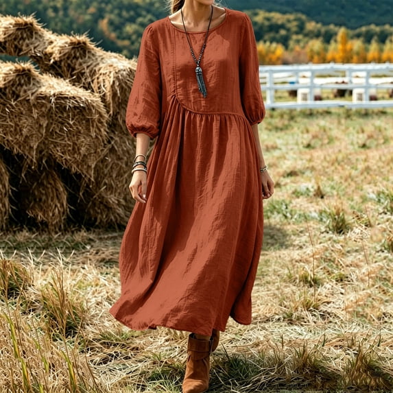 HCBY Women's 3/4 Sleeve Midi Dress Round Neck A-Line Pleated Loose Fit Casual Flowy Tunic Dress with Pockets for Fall Winter
